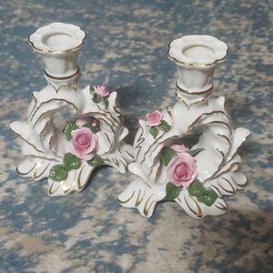 Vtg ANTIQUE Dresden  Porcelain Candlestick Holders